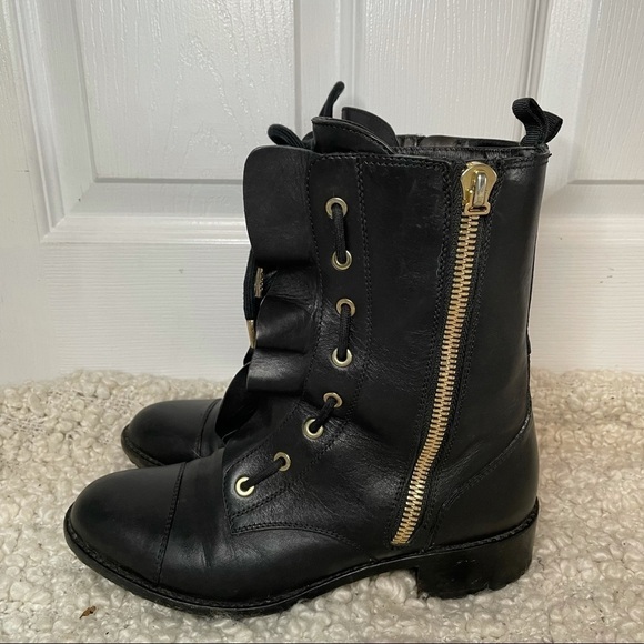 VALENTINO Garavani Black Leather Ruffle Lace Up Combat Boots with Gold 7.5 - Picture 9 of 11